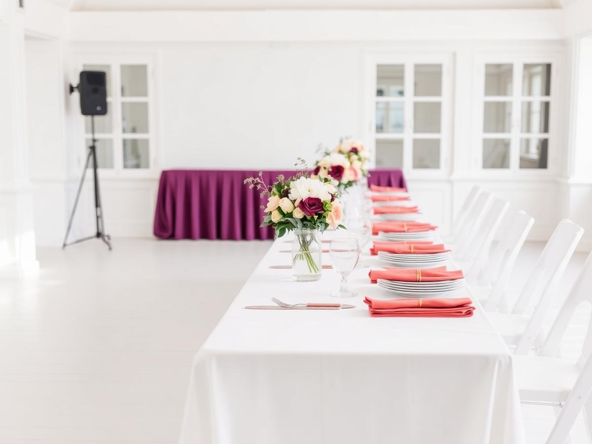 Long event table with white linens, coral napkins and stacked plates